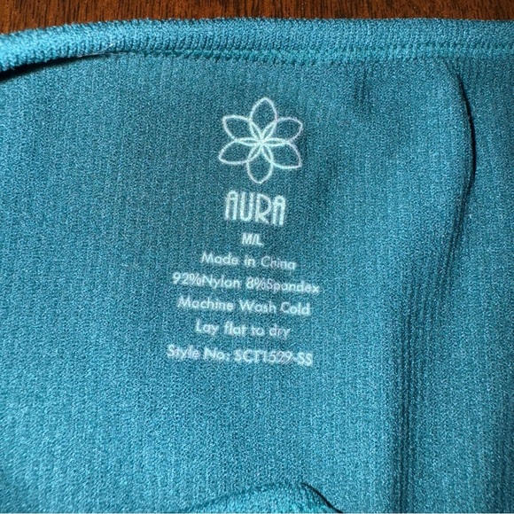 Aura Crop Top Blue Green Stretch Asymmetrical Neck Cut Out Short Sleeve M/L - Picture 5 of 5